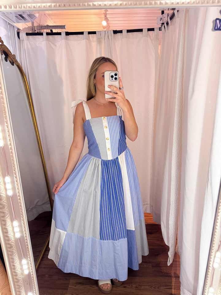 Blue Horizon Stripe Patchwork Midi Dress