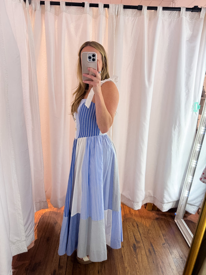 Blue Horizon Stripe Patchwork Midi Dress