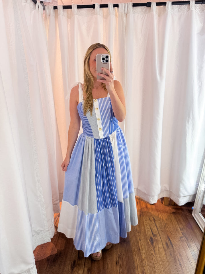 Blue Horizon Stripe Patchwork Midi Dress