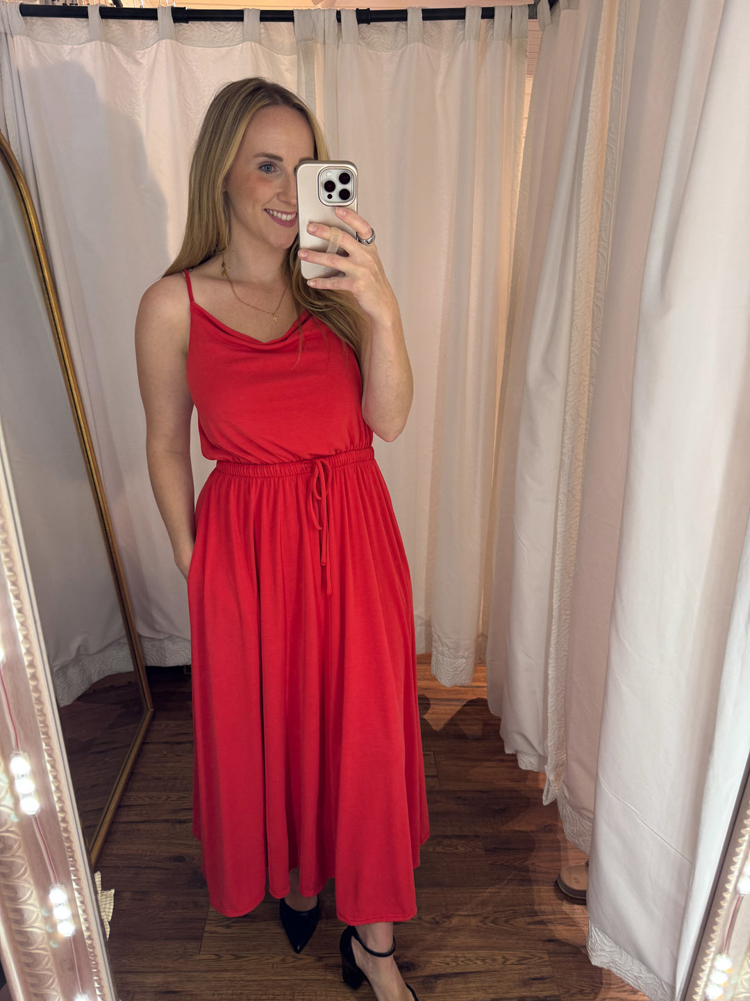 Red Cowl Neck Flare Midi Dress