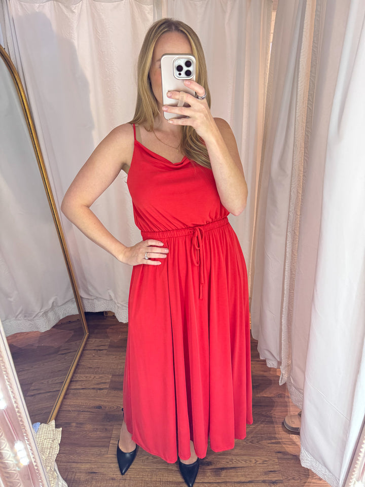 Red Cowl Neck Flare Midi Dress