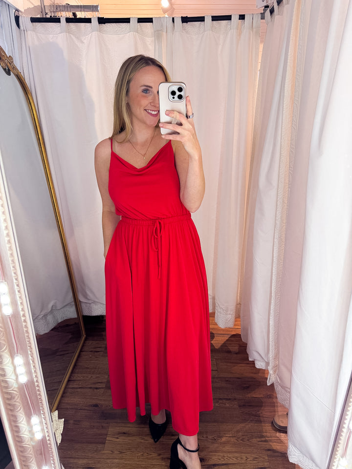 Red Cowl Neck Flare Midi Dress