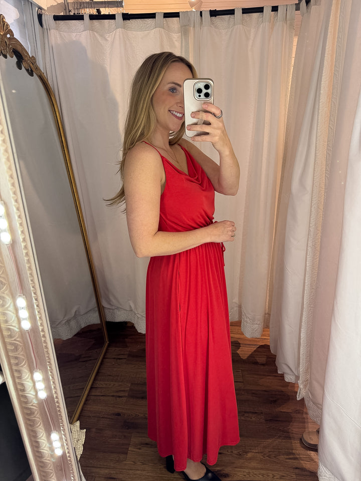 Red Cowl Neck Flare Midi Dress