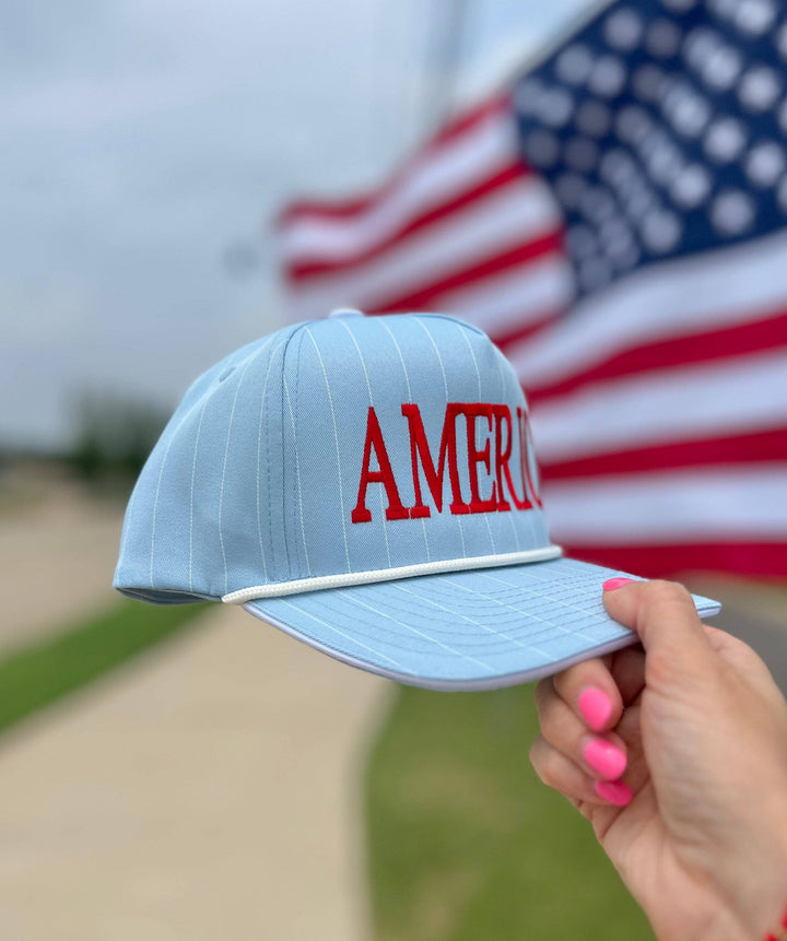 AMERICA Rope Trucker Hat - Baby Blue Pinstripe