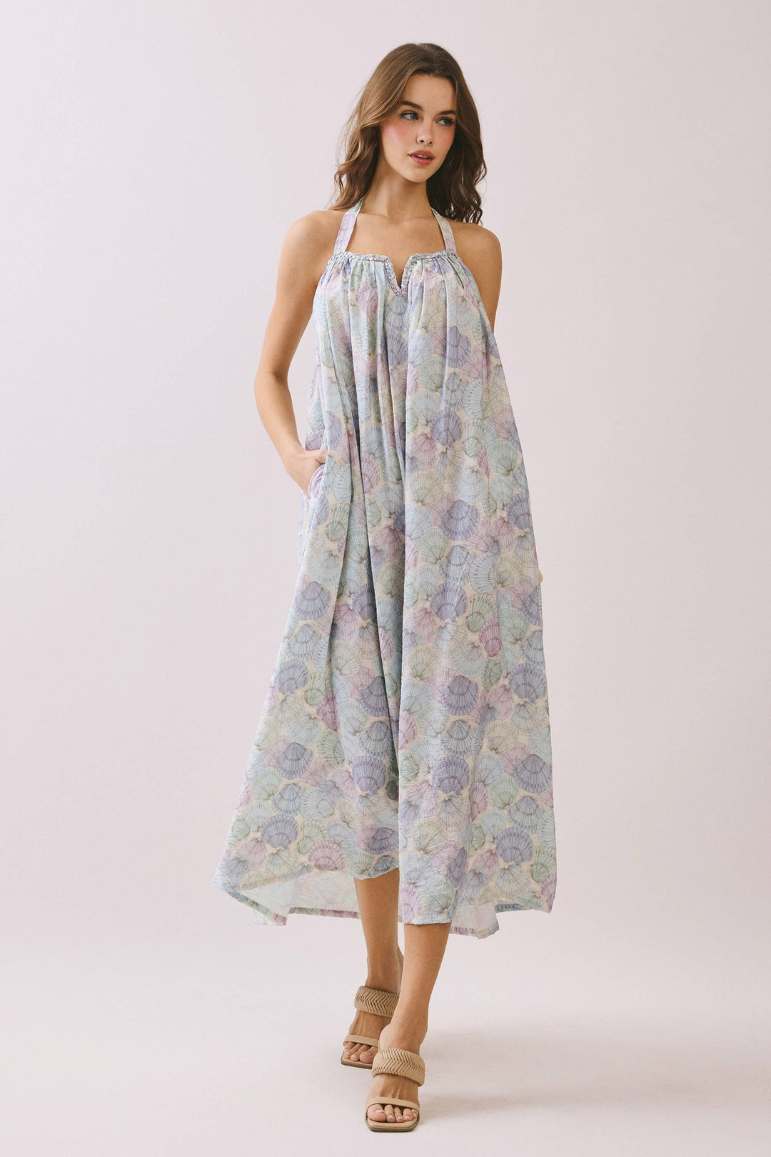 Seashell Sally Open Back Halter Midi Dress