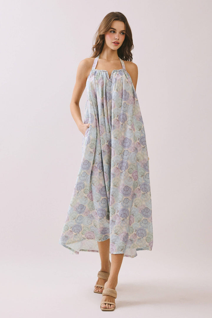 Seashell Sally Open Back Halter Midi Dress