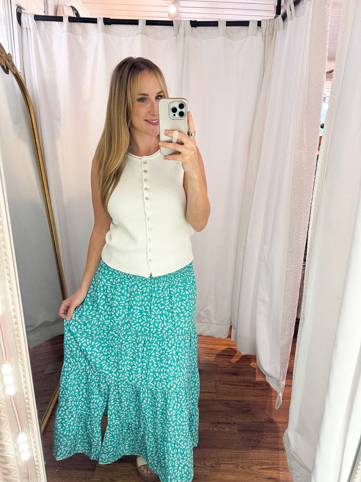 Aqua Blue Smocked Midi Skirt