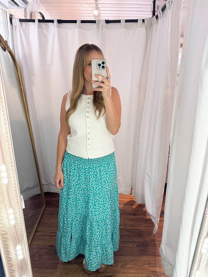 Aqua Blue Smocked Midi Skirt