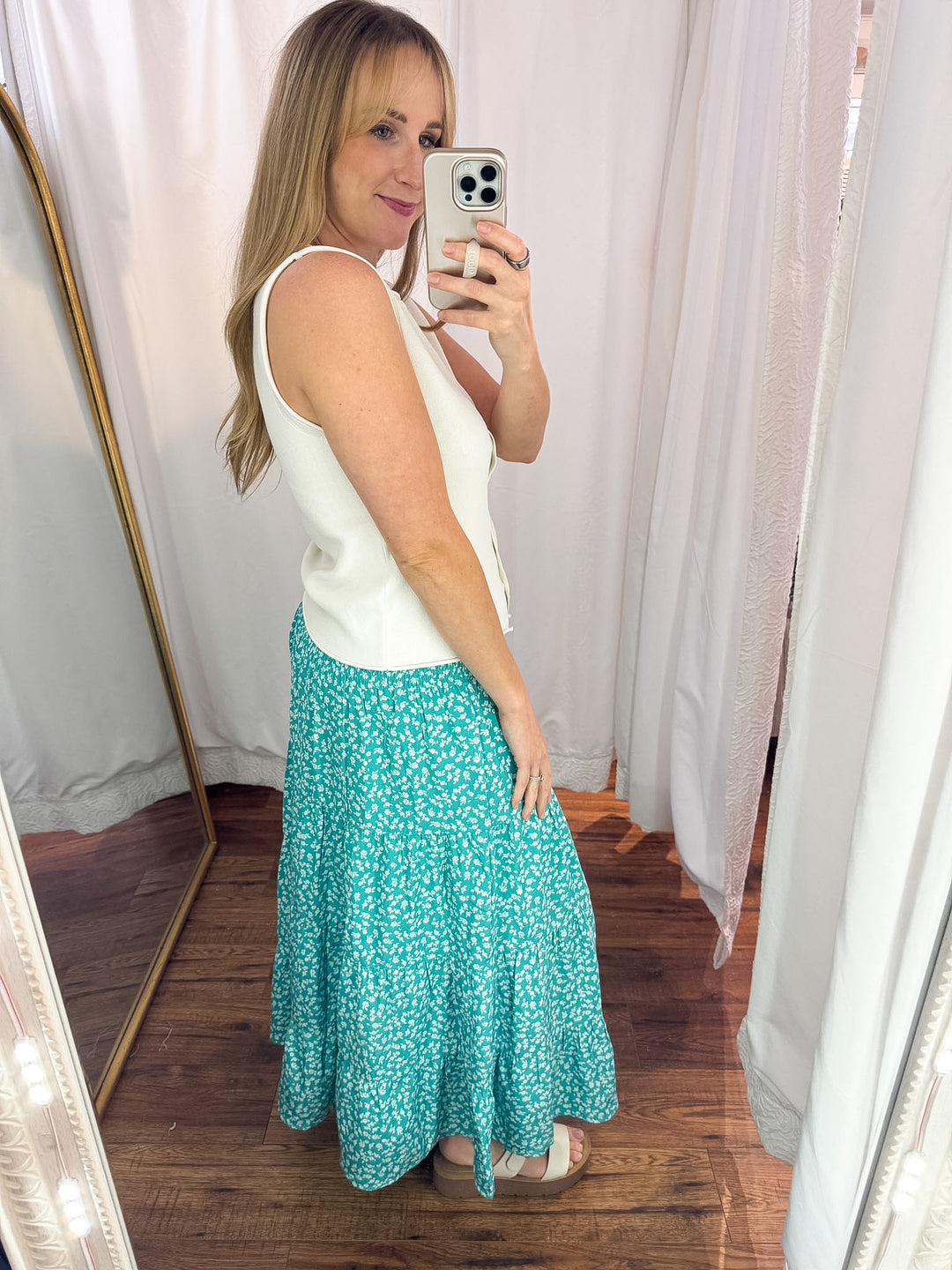 Aqua Blue Smocked Midi Skirt