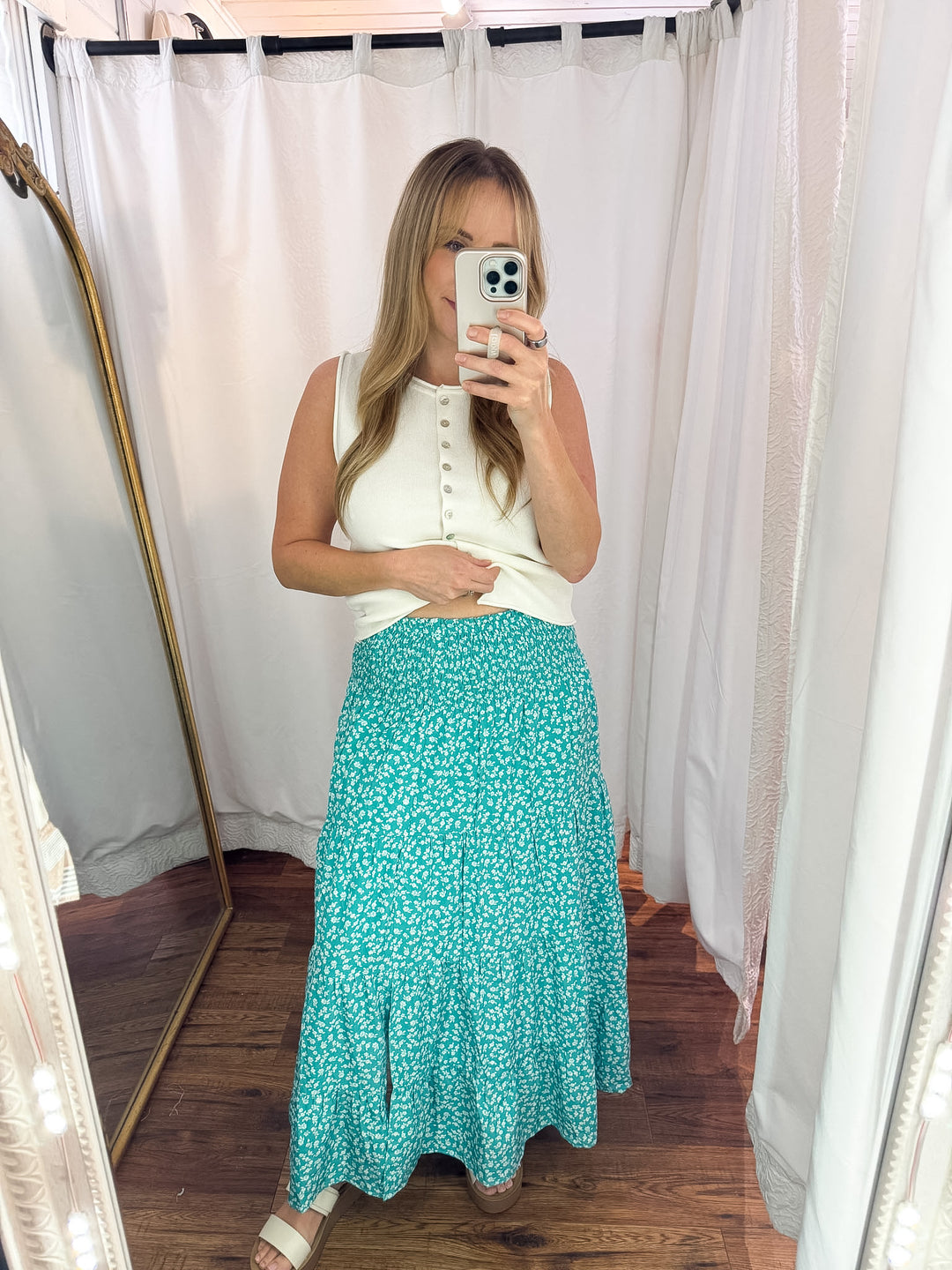 Aqua Blue Smocked Midi Skirt