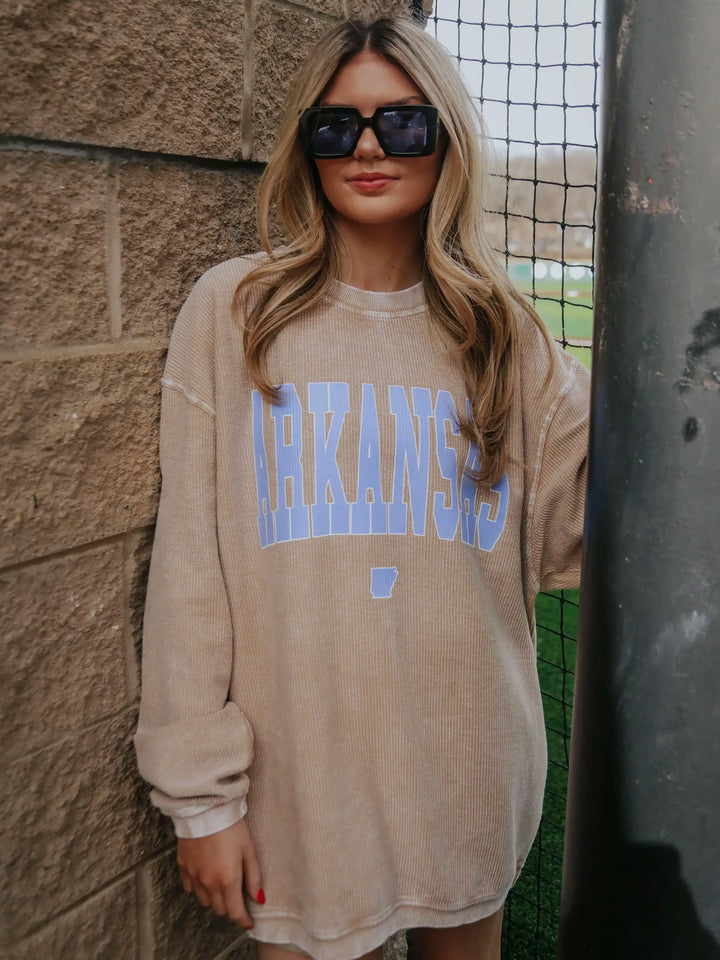 Arkansas Blue Font Latte Corded Sweatshirt