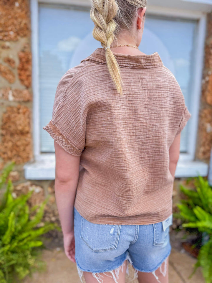 Taupe Short Sleeve Button-Up Top