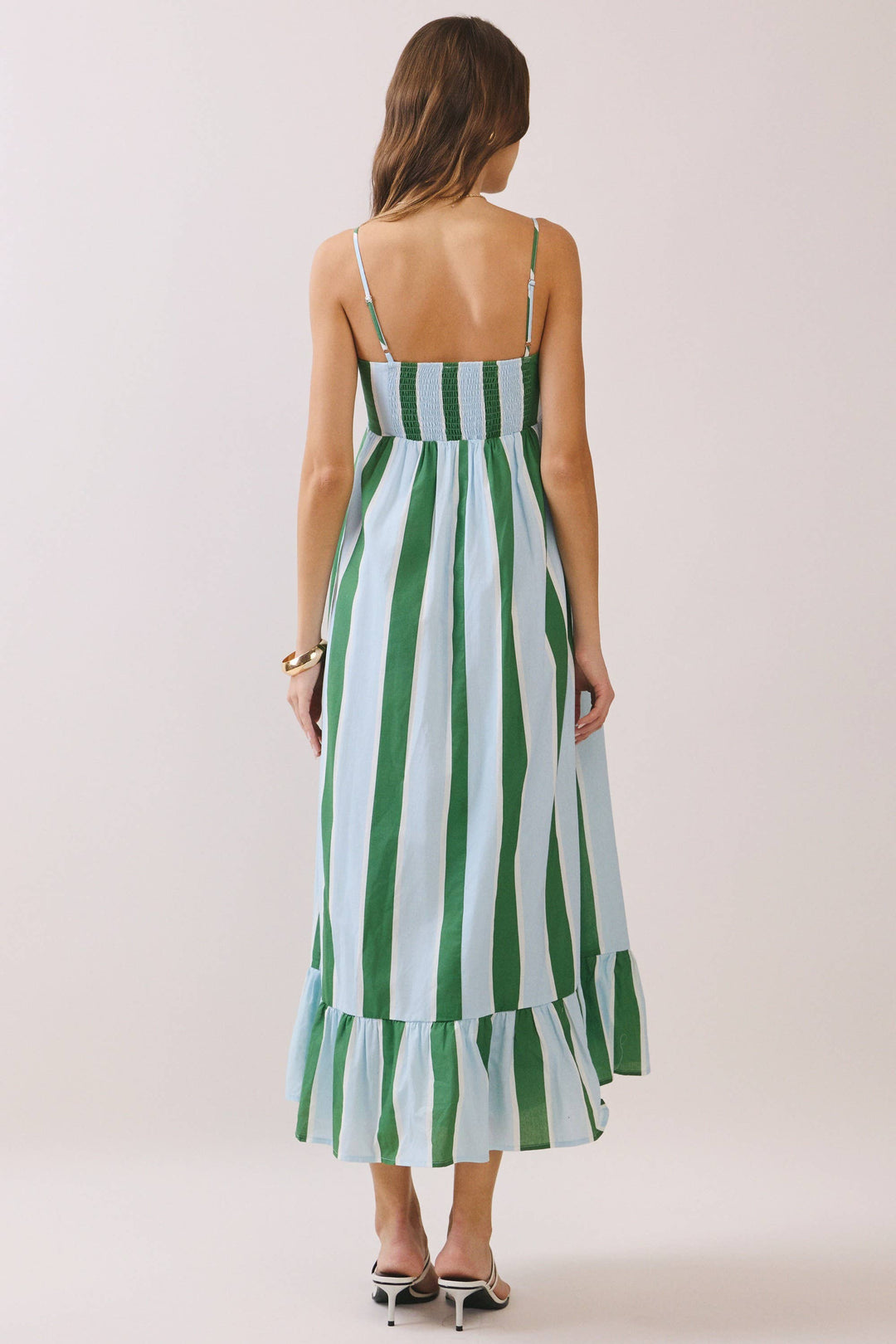 Striped Back Smocked Detail Side Pocket Maxi Dress