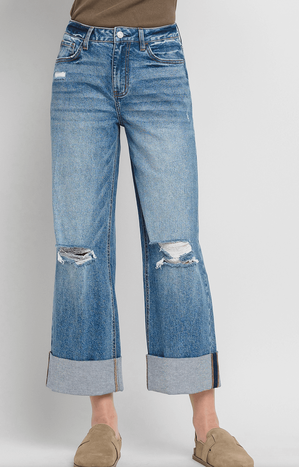 Rosy High Rise Baggy Cuffed Wide Leg Jeans