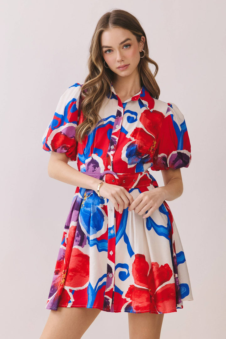 TCEC | Bold Floral Print Belted Mini Shirt Dress
