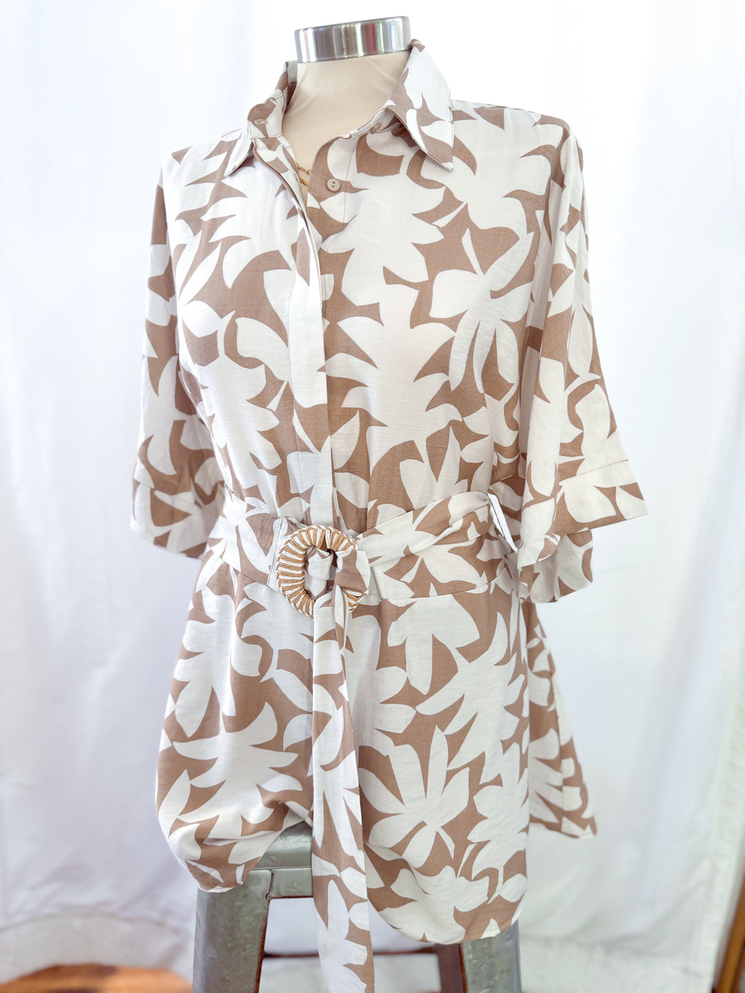 Euro Escape Sand Floral Belted Romper