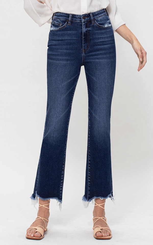 Bella High Rise Frayed Hem Ankle Flare Jeans