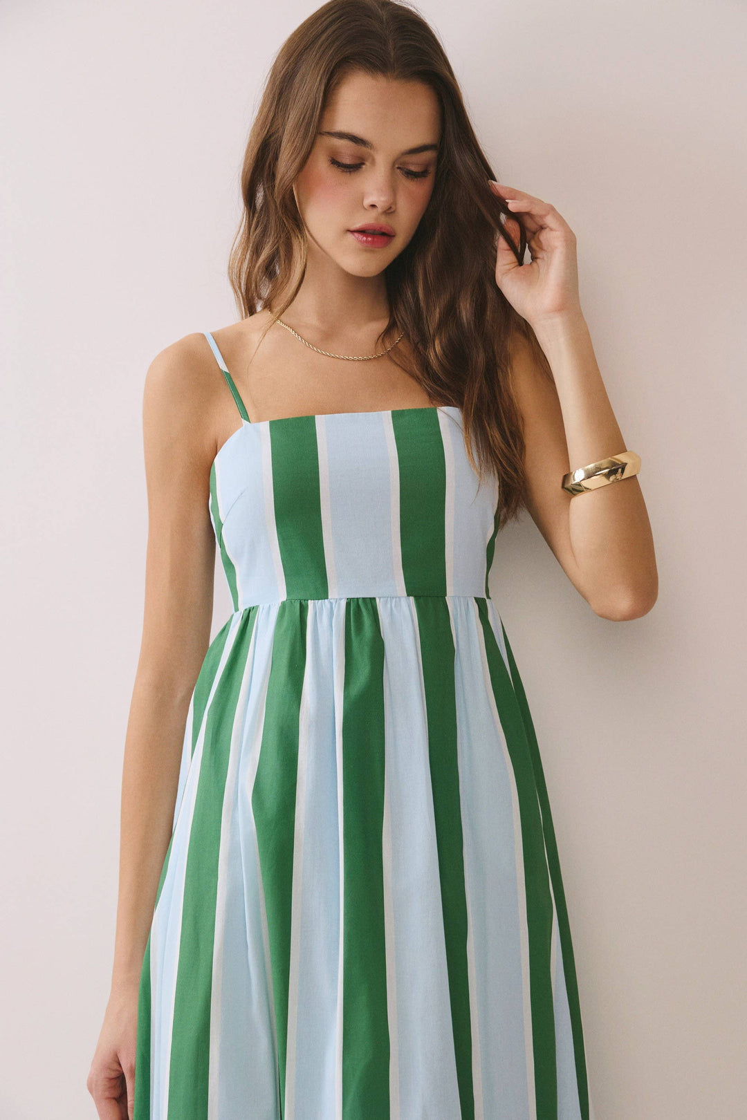 Striped Back Smocked Detail Side Pocket Maxi Dress