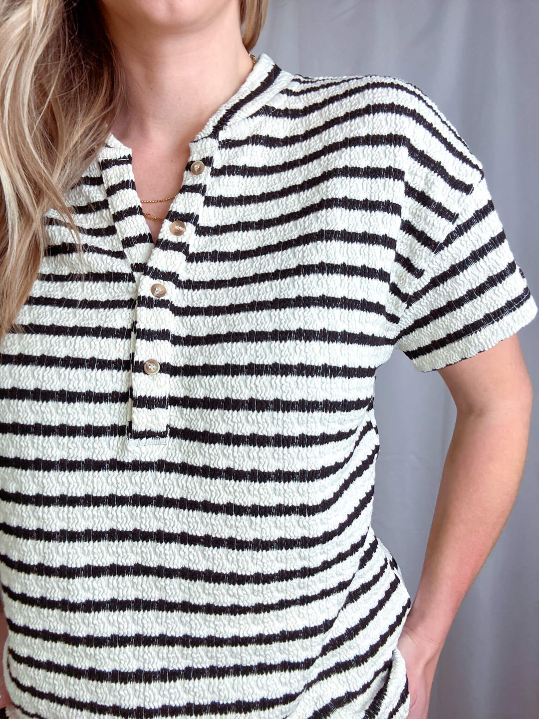 Striped Textured Button Top