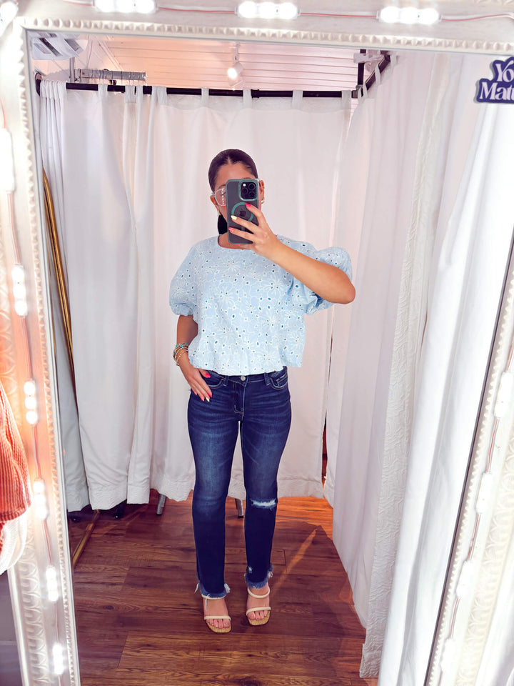 Embroidered Eyelet Bubble Sleeves Blouse