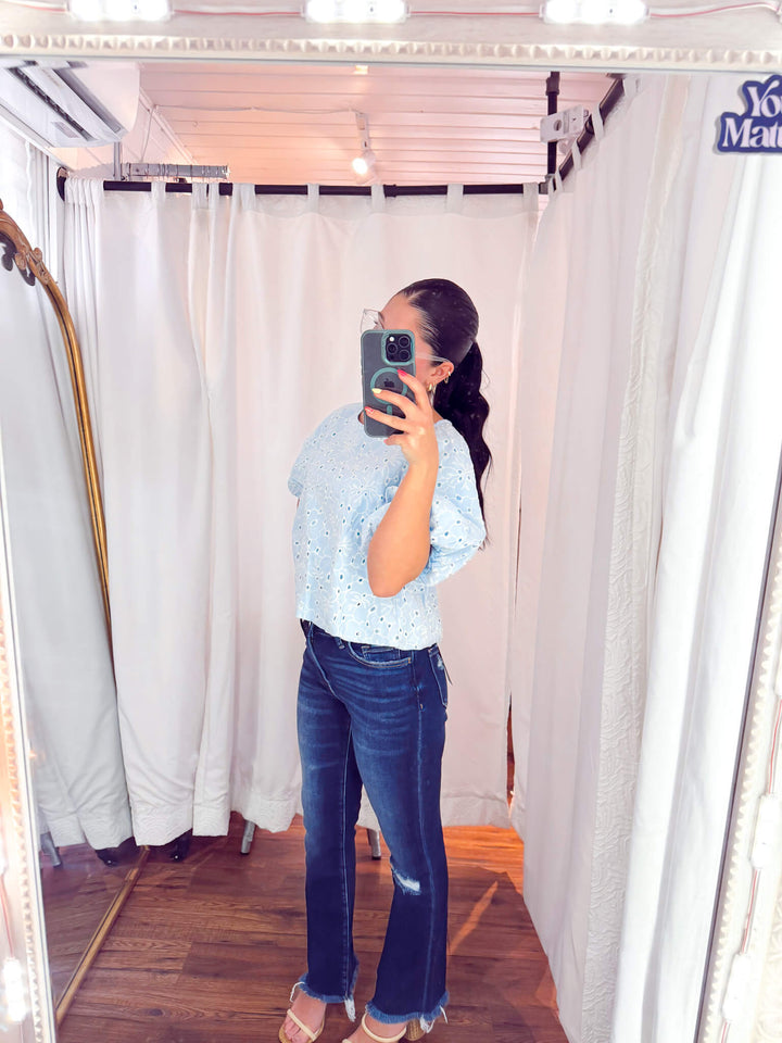 Embroidered Eyelet Bubble Sleeves Blouse