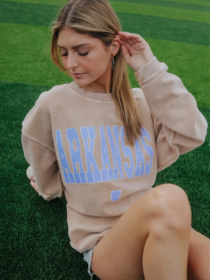 Arkansas Blue Font Latte Corded Sweatshirt