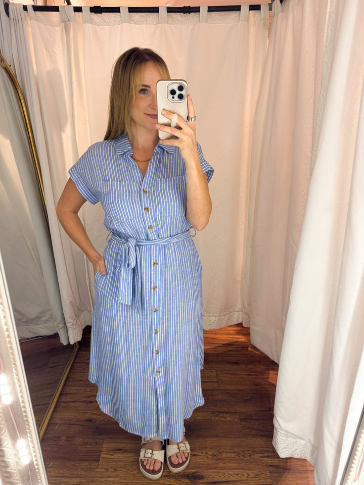 Blue Stripe Button Up Midi Dress