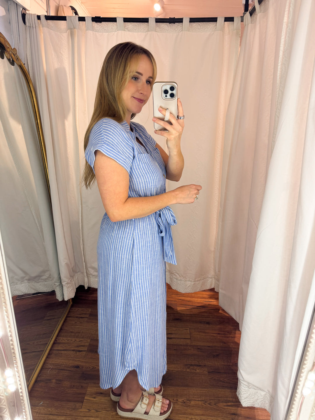 Blue Stripe Button Up Midi Dress