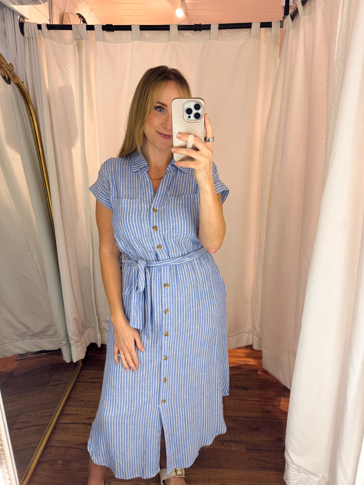 Blue Stripe Button Up Midi Dress