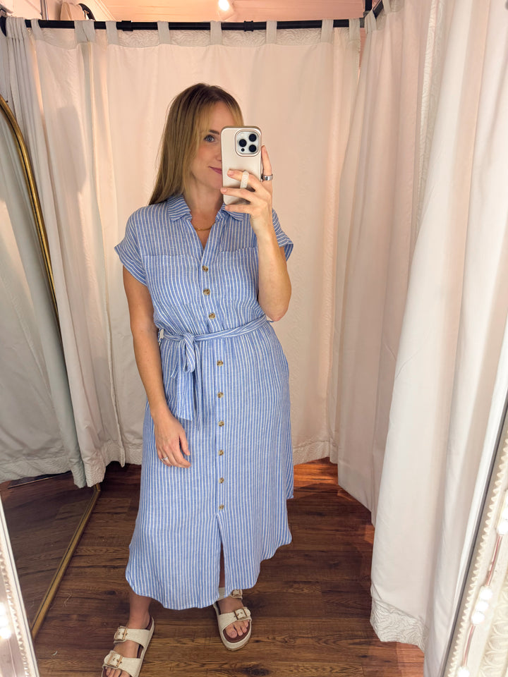 Blue Stripe Button Up Midi Dress