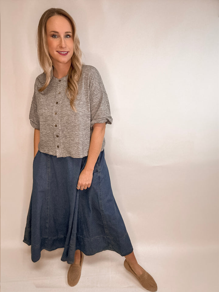 Denim Paneled Midi Skirt
