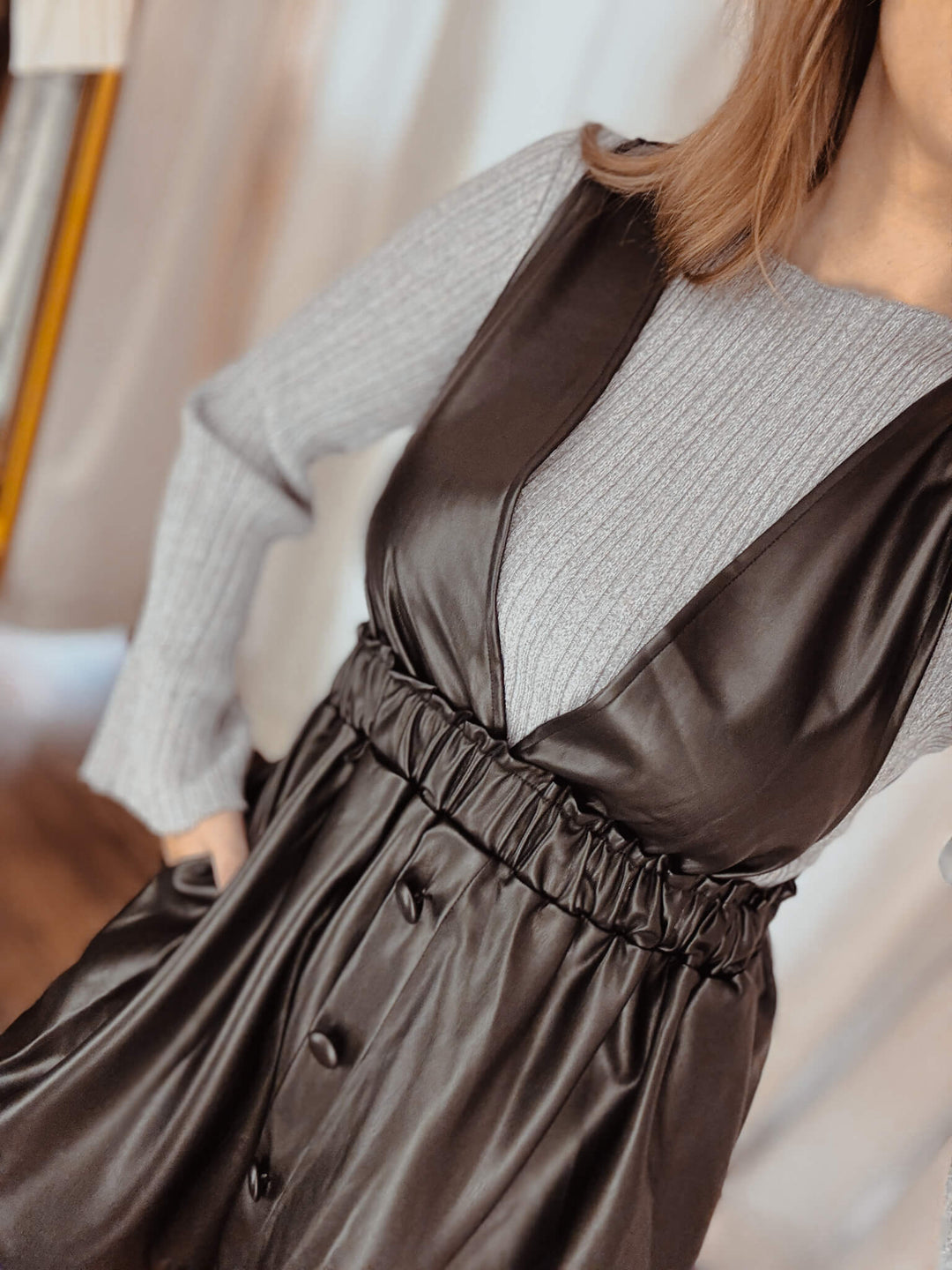 Faux Leather Pocketed Mini Dress S Faux Leather Pocketed Mini Dress S