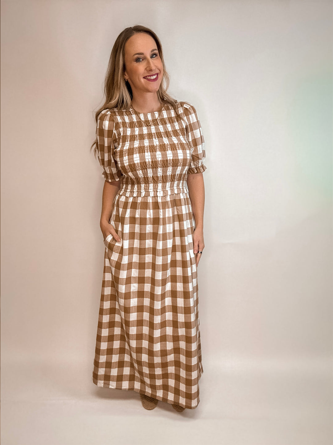 Matilda Plaid Smocked Pocketed Midi Dress