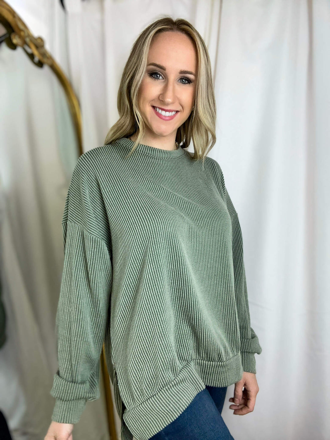 Army Green Ribbed Long Sleeve Top