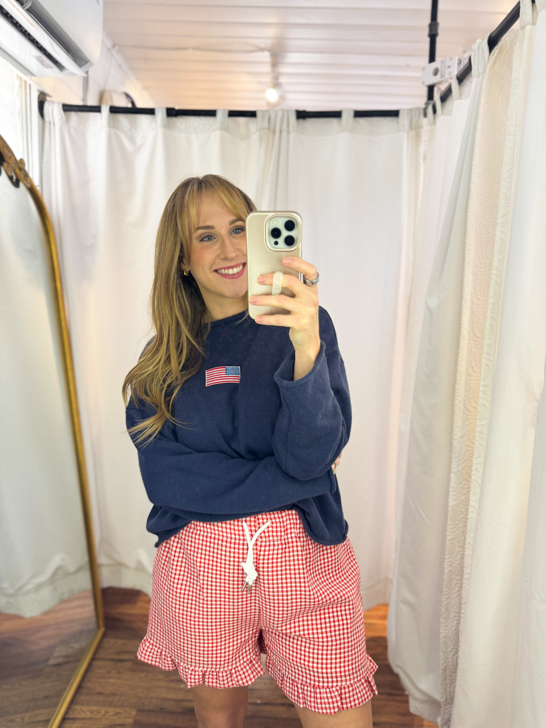 Red Gingham Woven Ruffle Hem Shorts