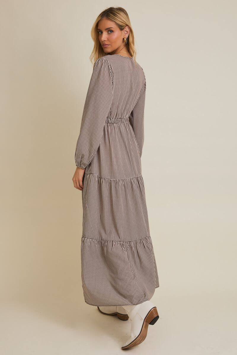 Lace Trim Check Long Sleeve Maxi Dress