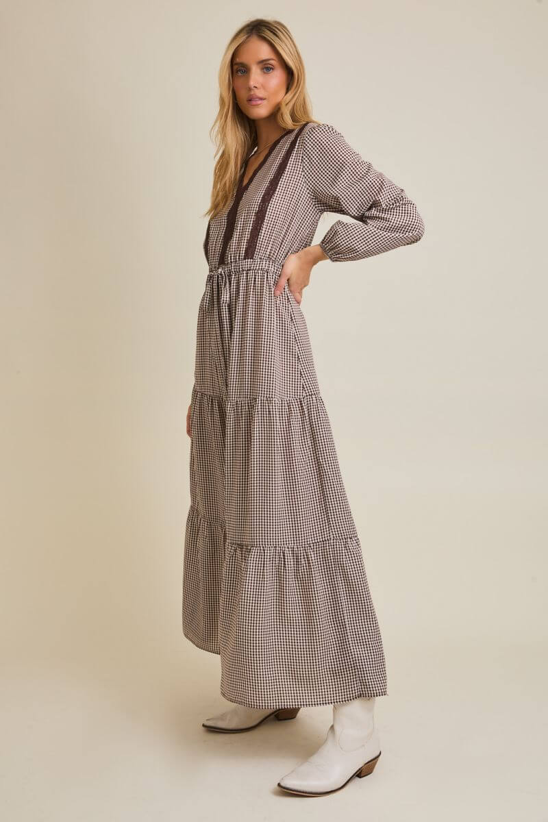 Lace Trim Check Long Sleeve Maxi Dress
