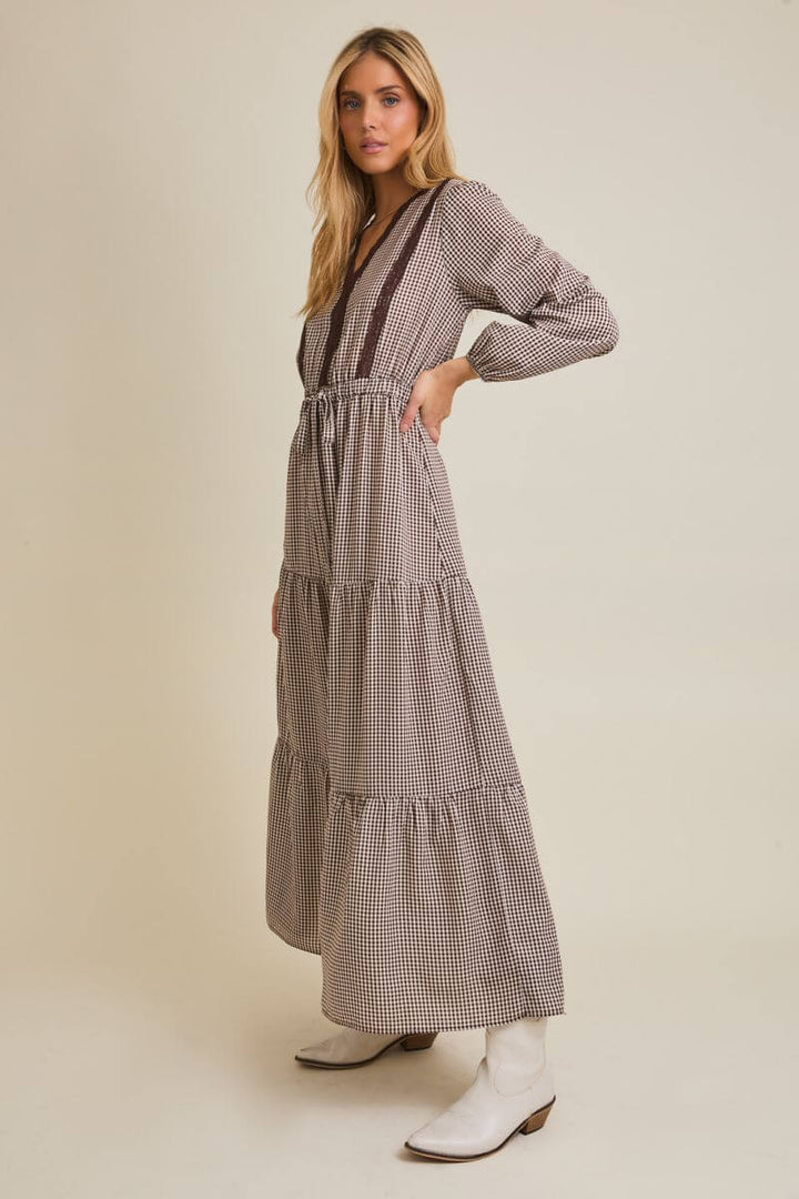 Lace Trim Check Long Sleeve Maxi Dress