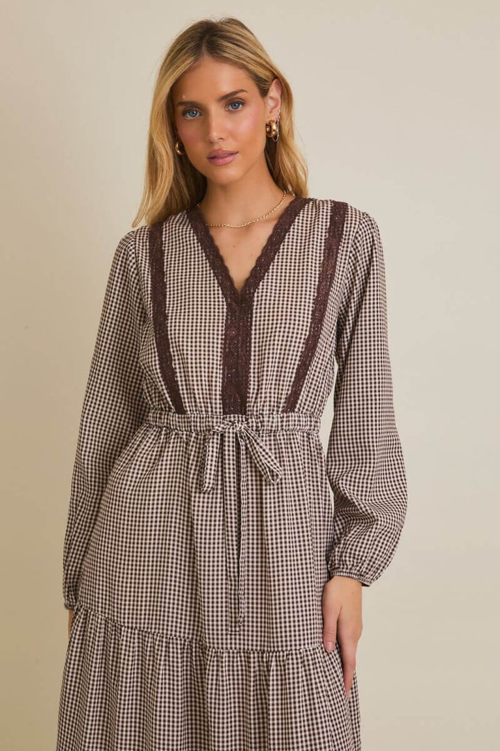 Lace Trim Check Long Sleeve Maxi Dress