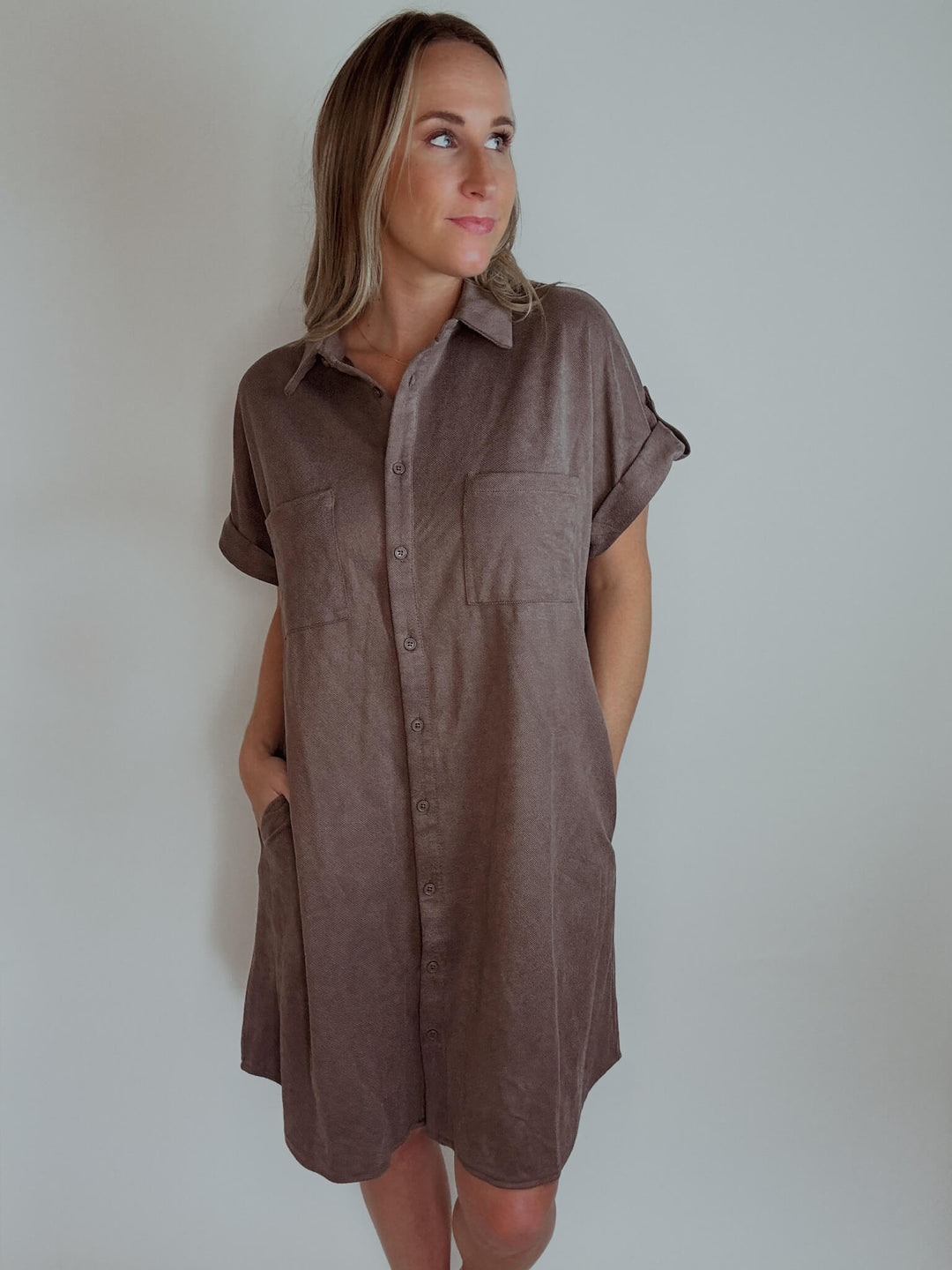 Cider & Spice Suede Shirt Mini Dress with Pockets M / Mocha Cider & Spice Suede Shirt Mini Dress with Pockets M / Mocha