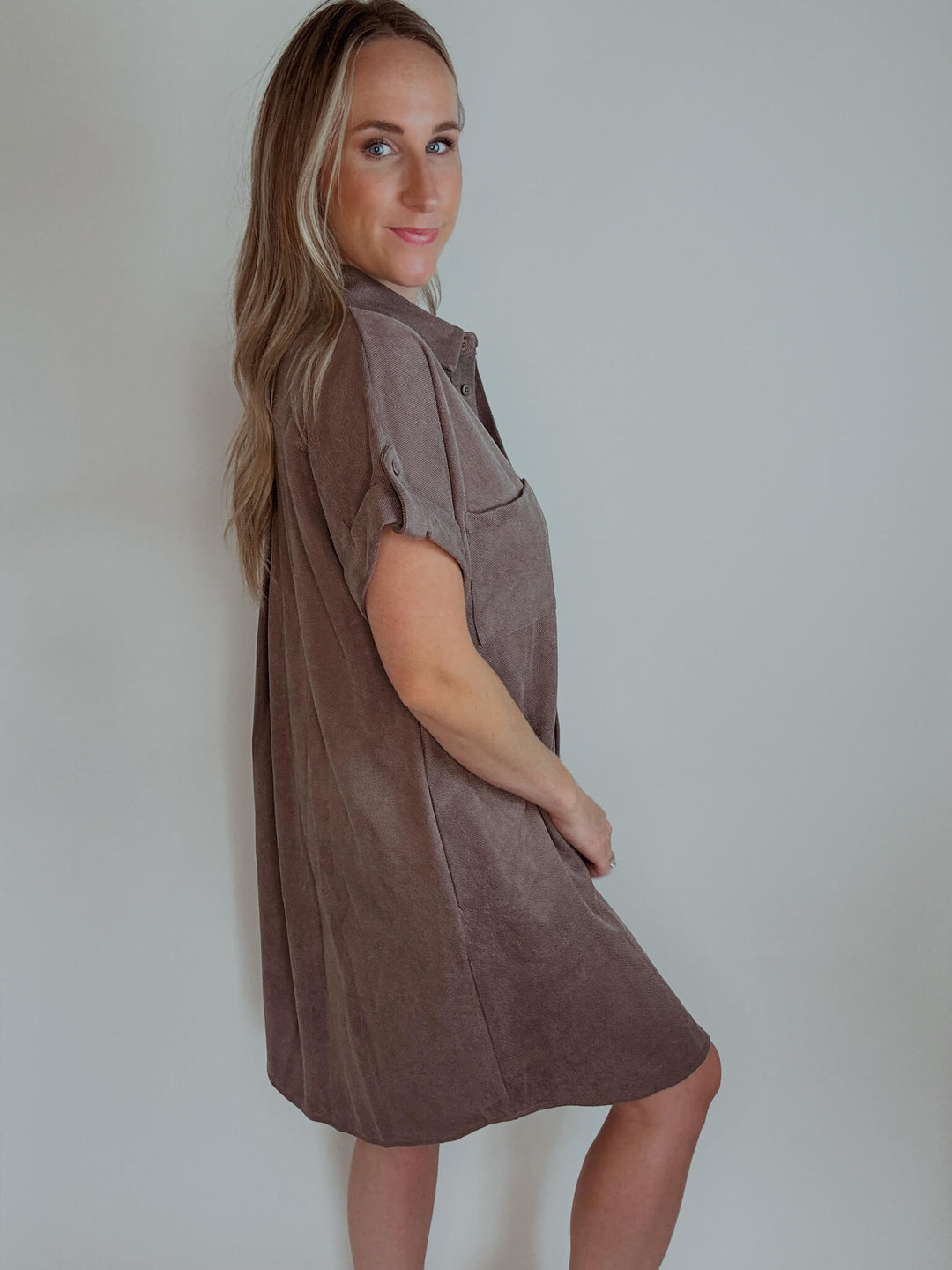 Cider & Spice Suede Shirt Mini Dress with Pockets