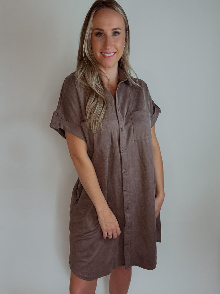 Cider & Spice Suede Shirt Mini Dress with Pockets