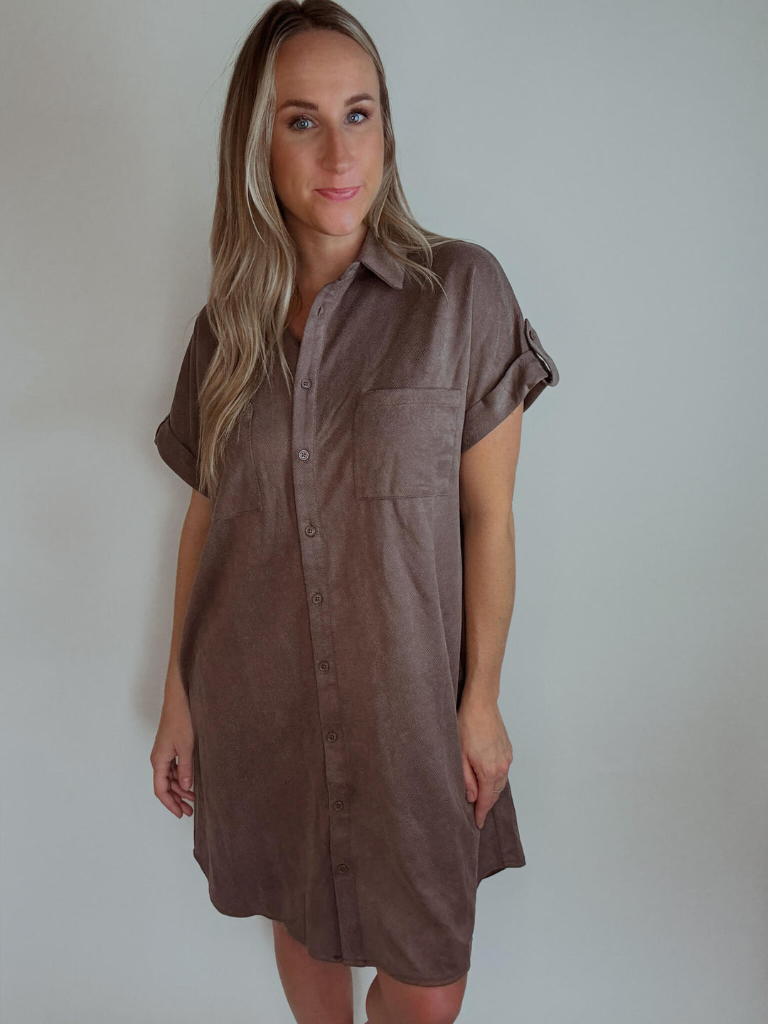 Cider & Spice Suede Shirt Mini Dress with Pockets