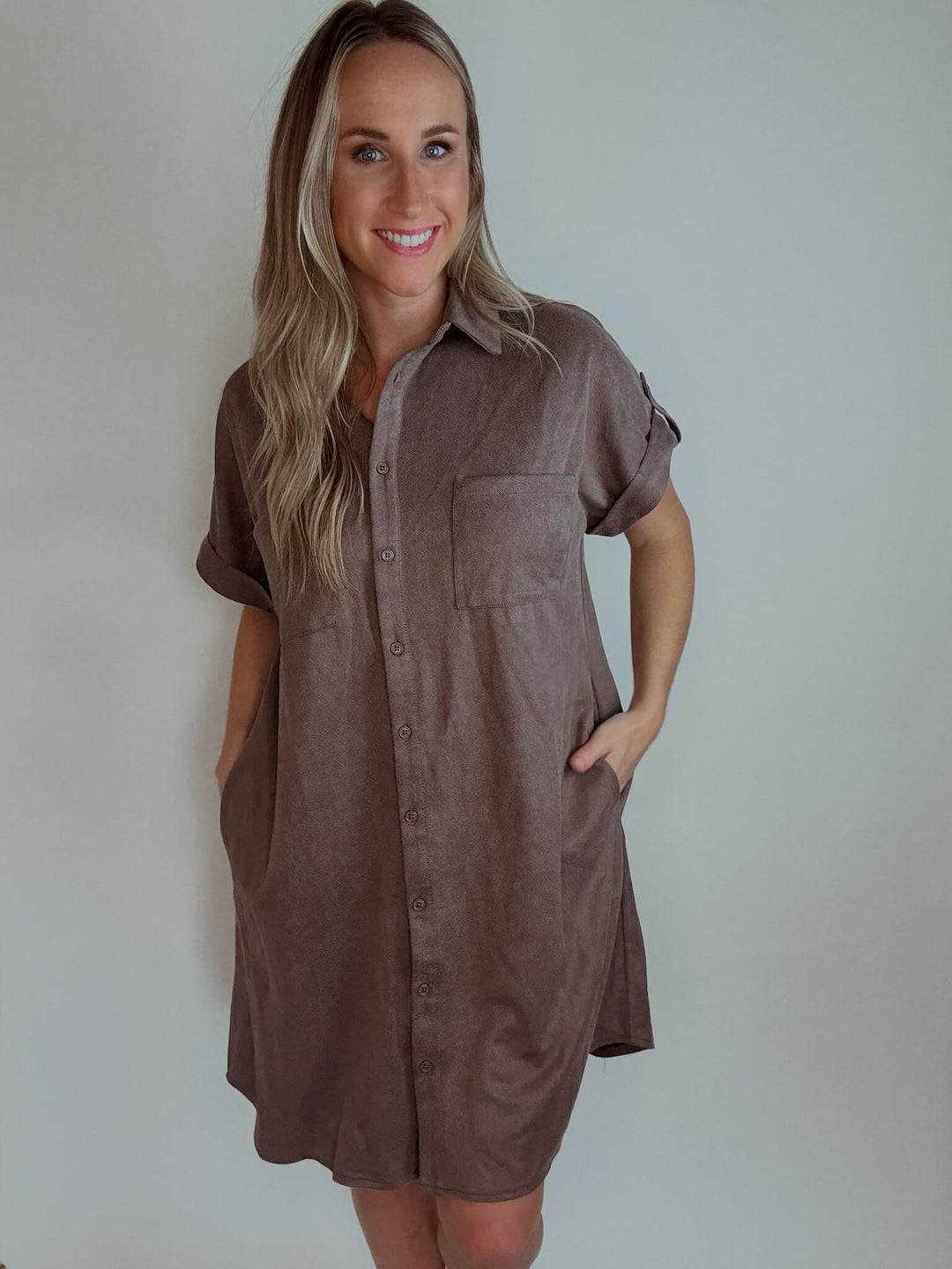 Cider & Spice Suede Shirt Mini Dress with Pockets M / Mocha Cider & Spice Suede Shirt Mini Dress with Pockets M / Mocha