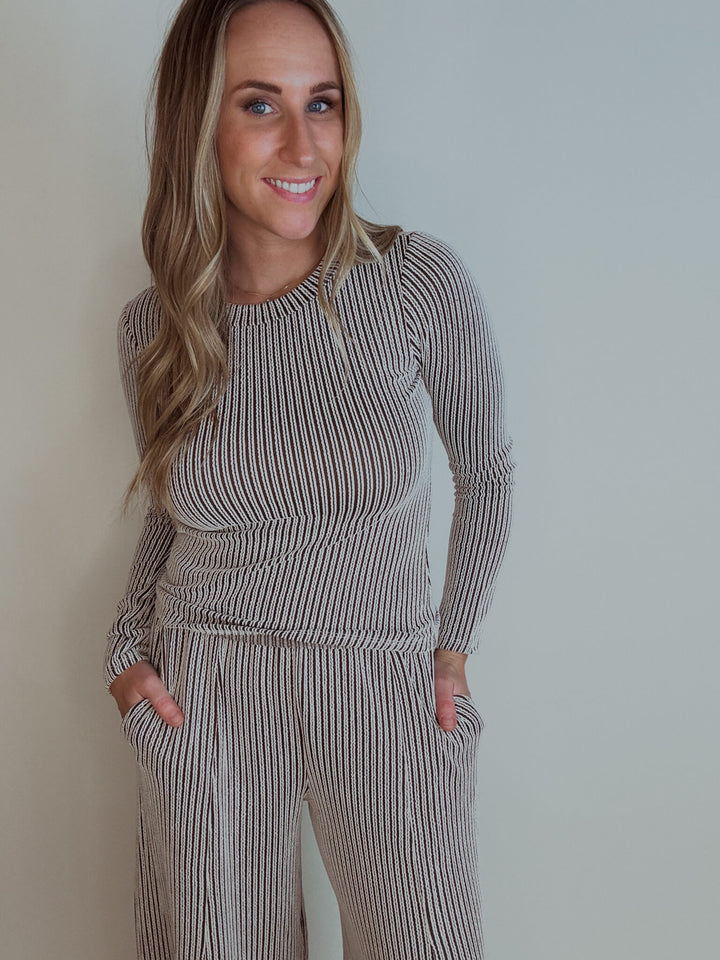Brown Stripe Long Sleeve Textured Top