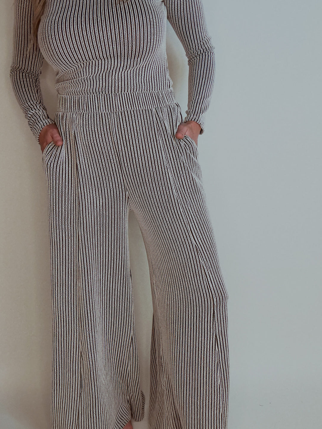 Brown Stripe Textured Wide Leg Pants