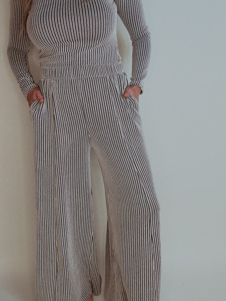 Brown Stripe Textured Wide Leg Pants