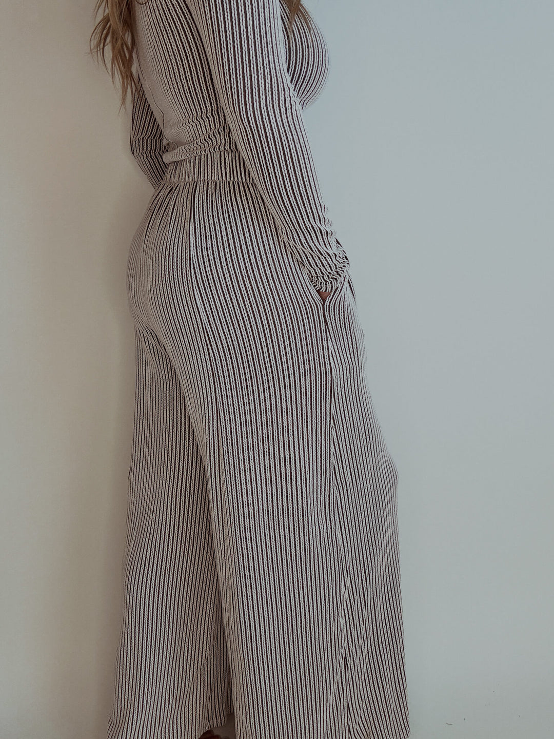 Brown Stripe Textured Wide Leg Pants