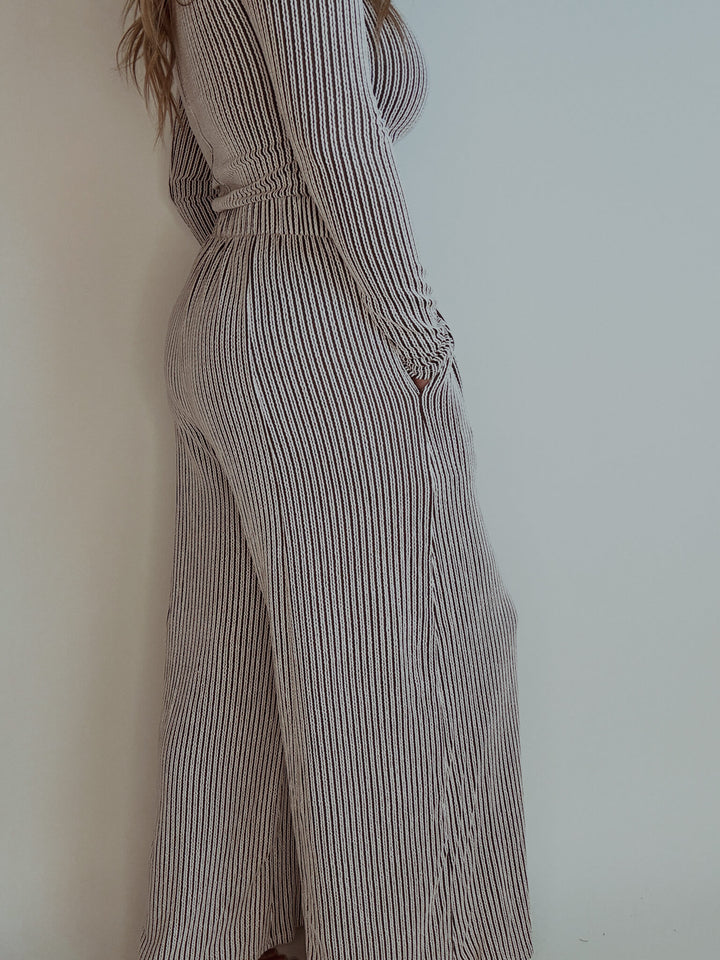 Brown Stripe Textured Wide Leg Pants