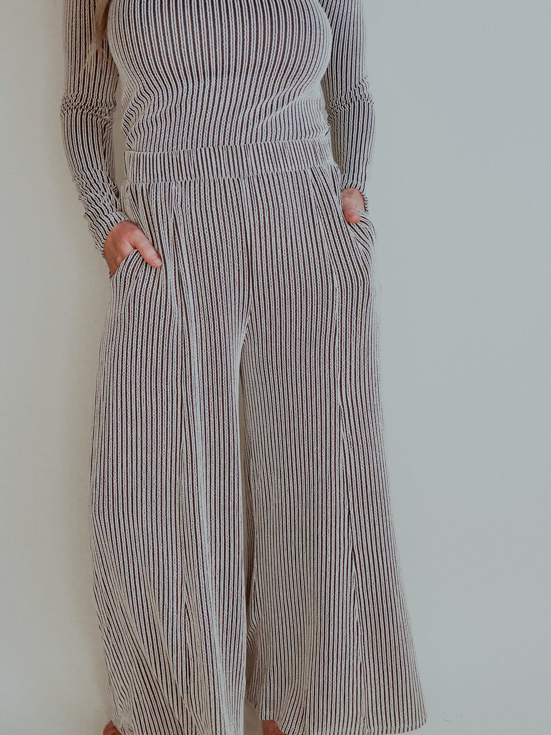 Brown Stripe Textured Wide Leg Pants